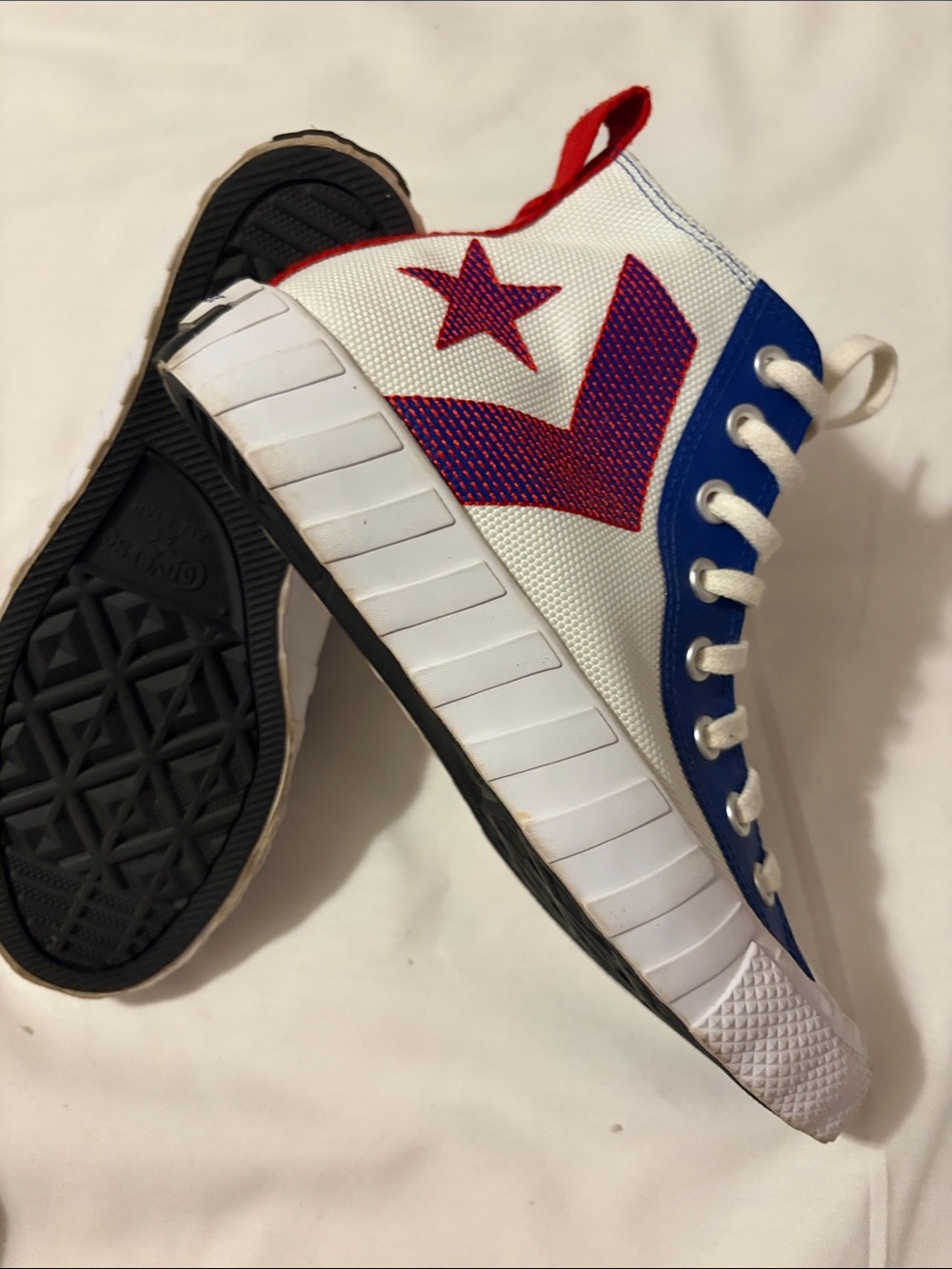 Women’s 8.5 White High-Top Sneakers with Blue and Red Accents